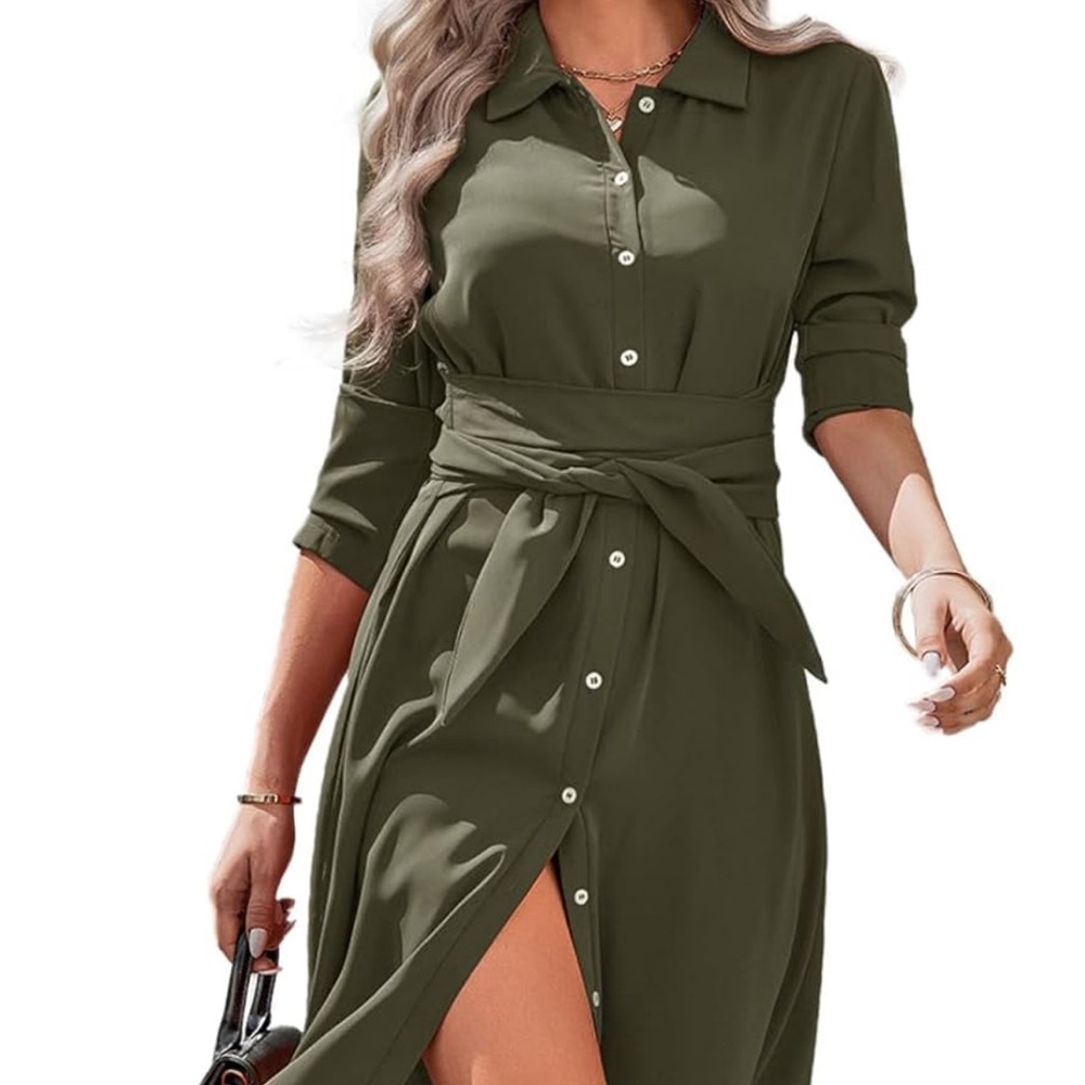 Elegant Olive Green Shirt Dress